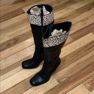 Nine West Leopard Trim Black Leather Boots
